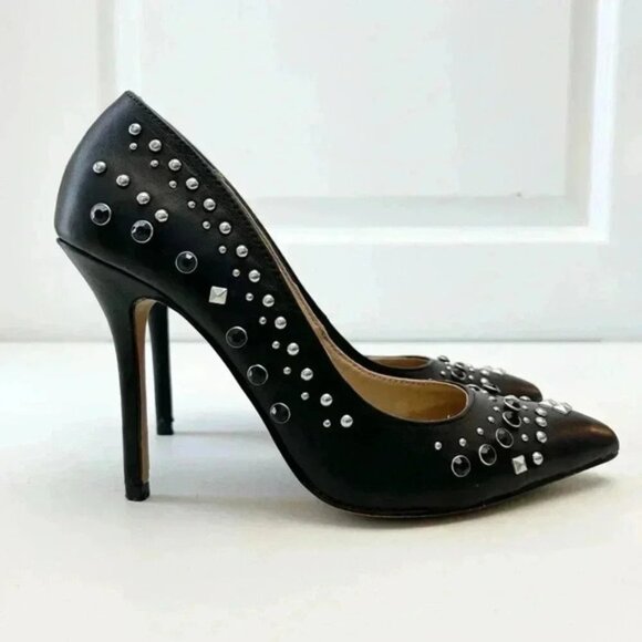 Aldo Black Leather Pumps Pointed Toe High Heel Rhinestone Studded Stilettos 7.5 - Picture 2 of 16